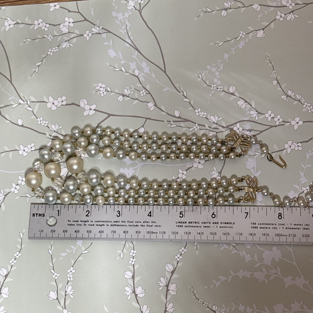 VTG Necklace Multi-Strand Signed JAPAN Gold Tone Faux Pearl Shepherd Hook Estate - Picture 12 of 12